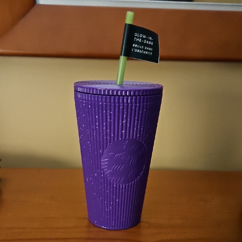 Starbucks 16 oz Purple Pleated Speckled GLOW IN THE DARK Halloween Tumbler NWT